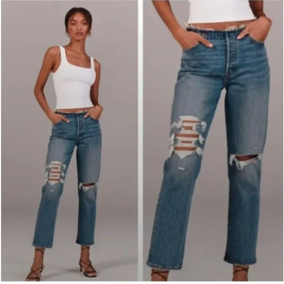 Abercrombie & Fitch The‎ Boyfriend Mid Rise Raw Edge Waist Band Button Fly SZ 25 - Picture 1 of 7